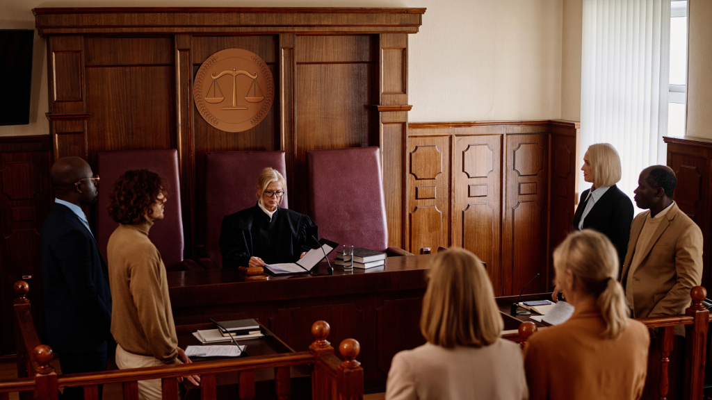 Judge Reviewing a Personal Injury Case in Court – Valley Injury Team Inside a courtroom, a judge considers a decision as attorneys and other individuals stand before the bench waiting for the ruling. – Judge Reviewing a Personal Injury Case in Court – Valley Injury Team